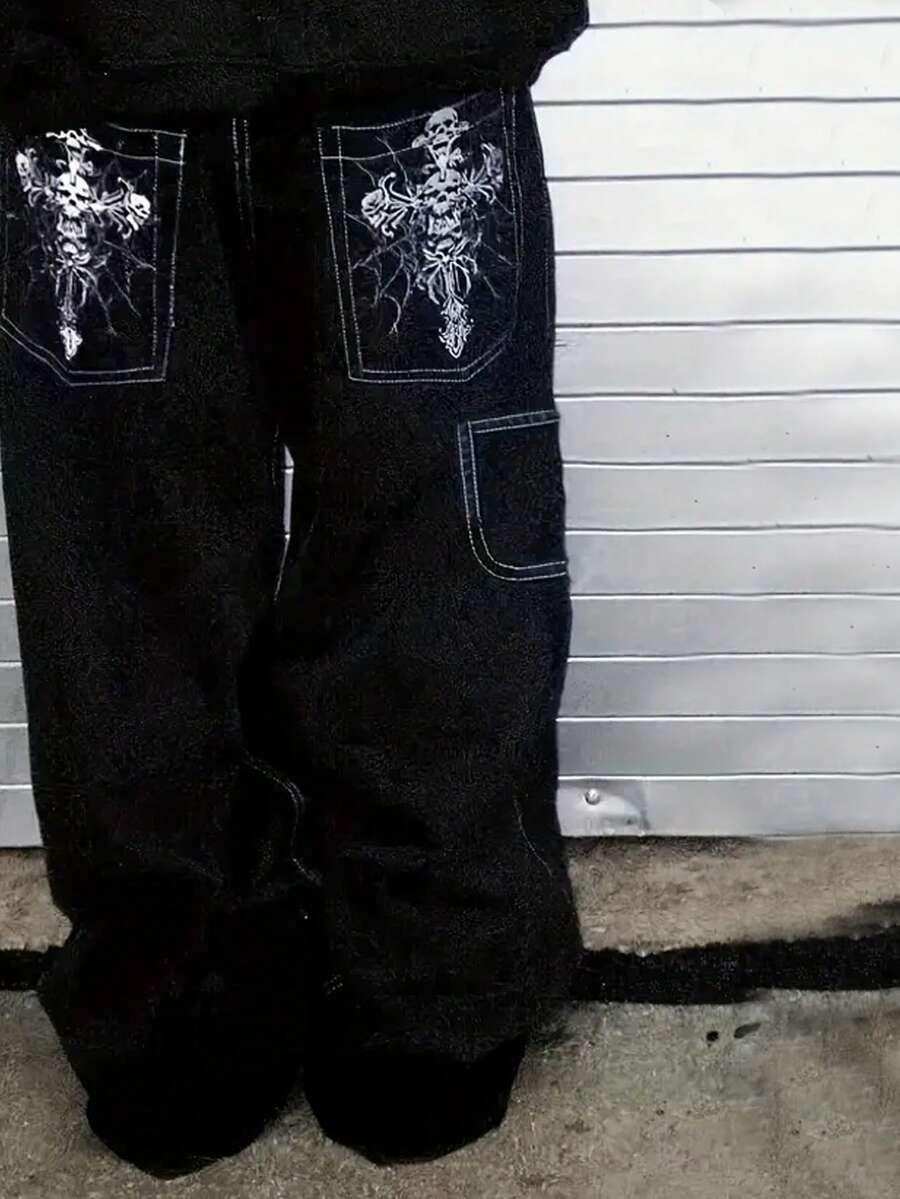 men's y2k casual loose fit skull embroidered black jeans