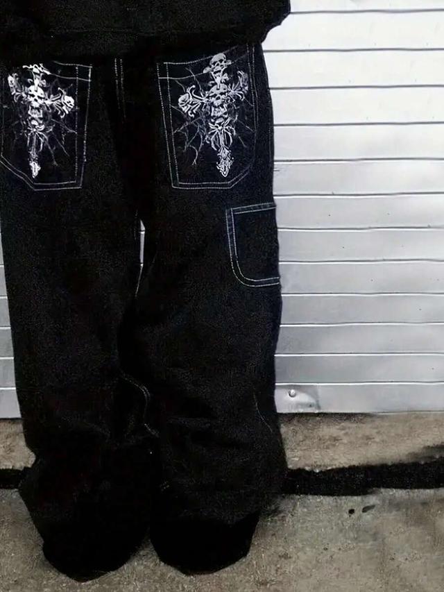 men's y2k casual loose fit skull embroidered black jeans