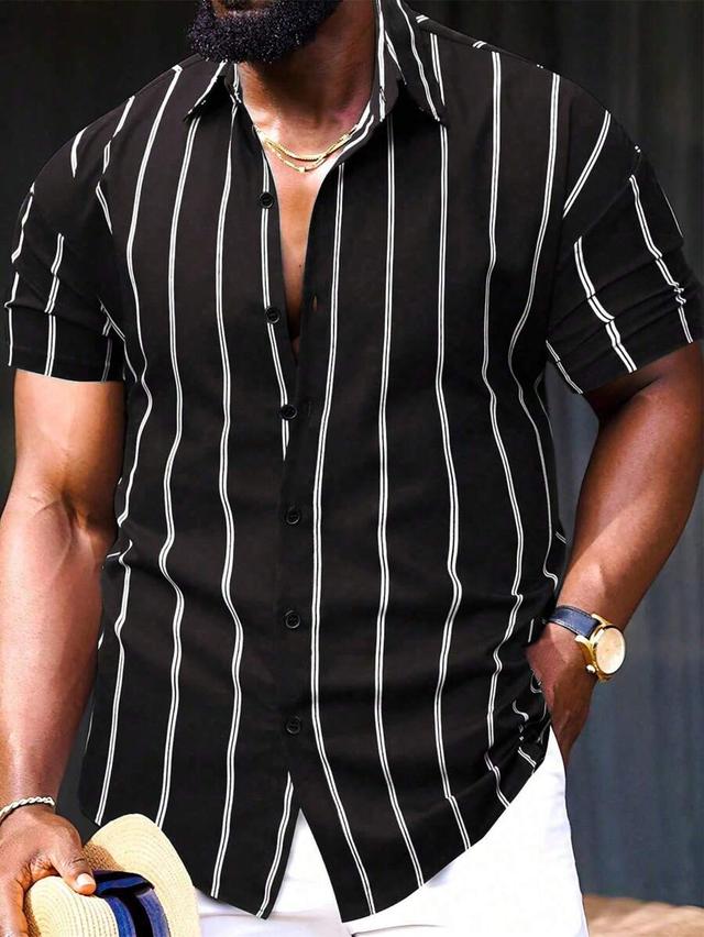 men striped print graphic casual short sleeve shirt