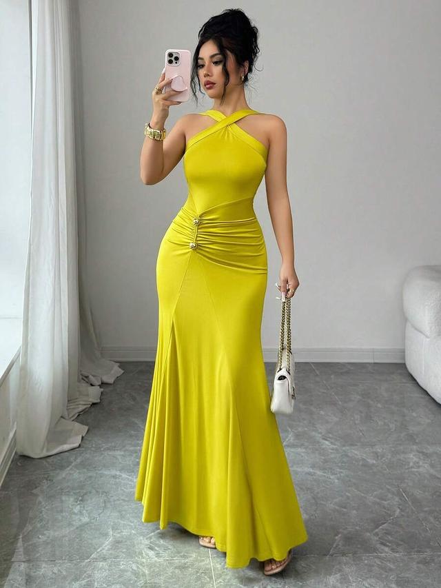yellow halter neck glitter knit bodycon maxi dress