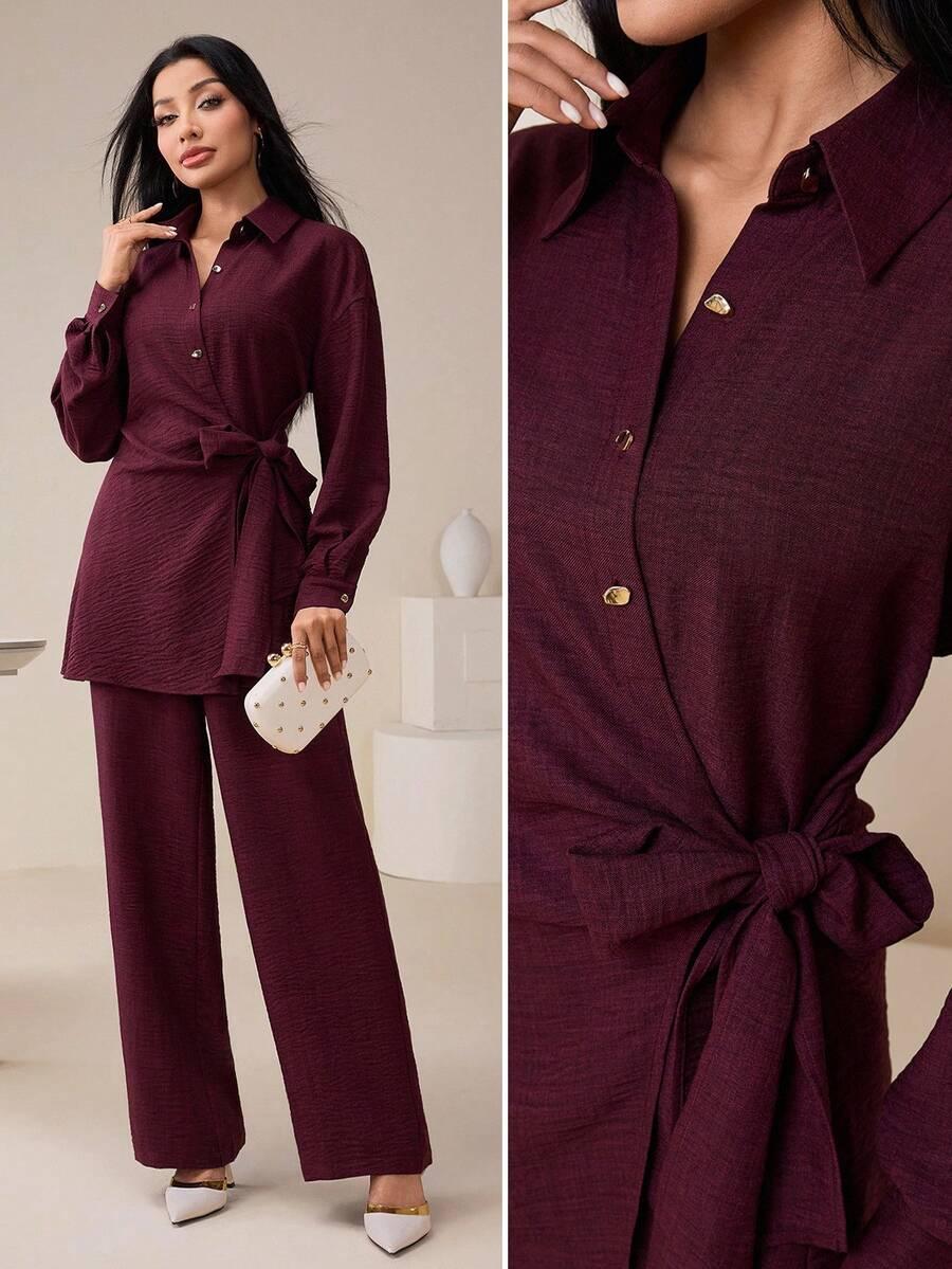burgundy textured wrap-style long sleeve blouse