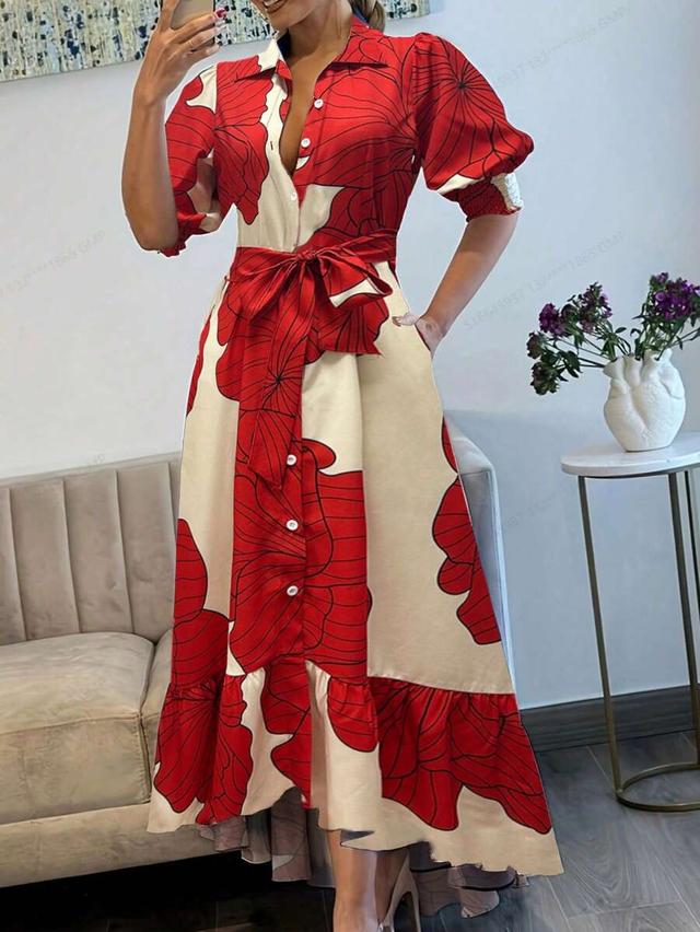 floral print button front tie waist shirt dress