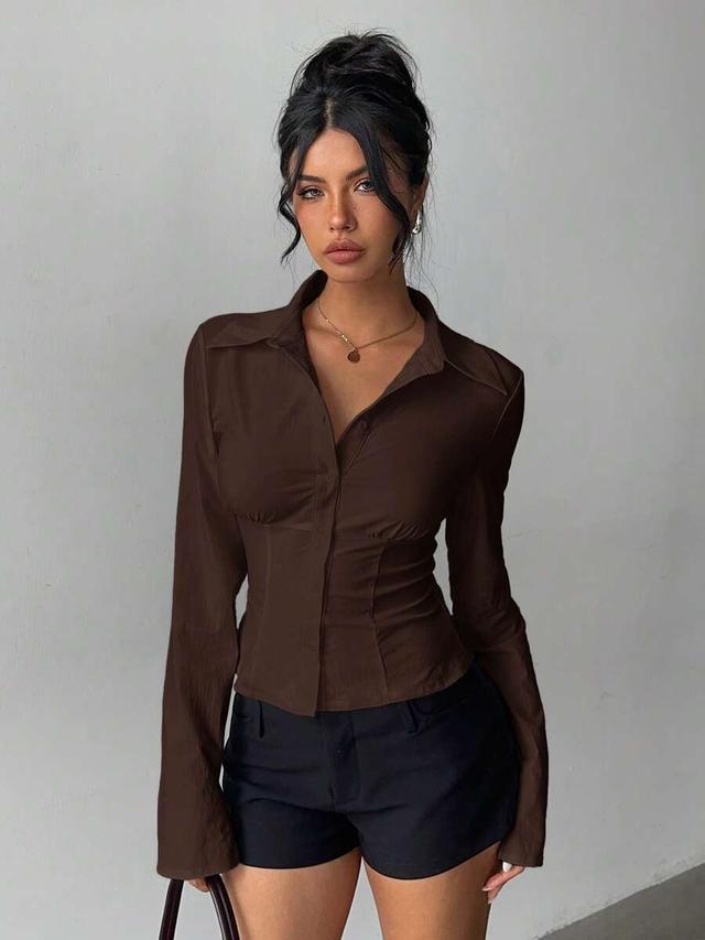 elegant brown solid color ruched waist blouse