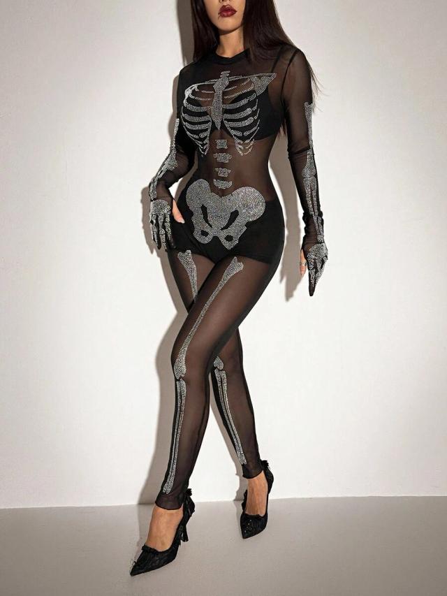 shein icon women's halloween skeleton rhinestone mesh bodysuit