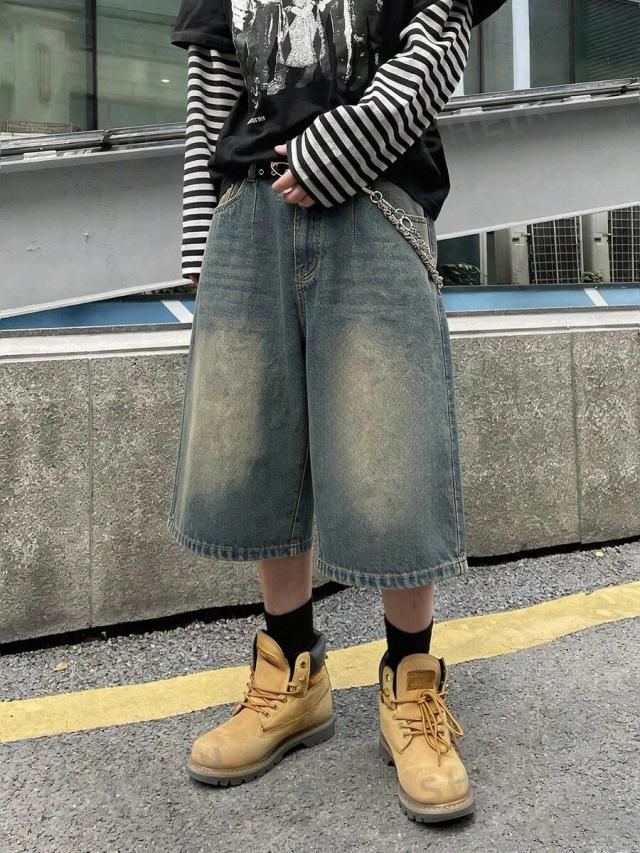 relaxed fit wide leg denim shorts with distressed pockets