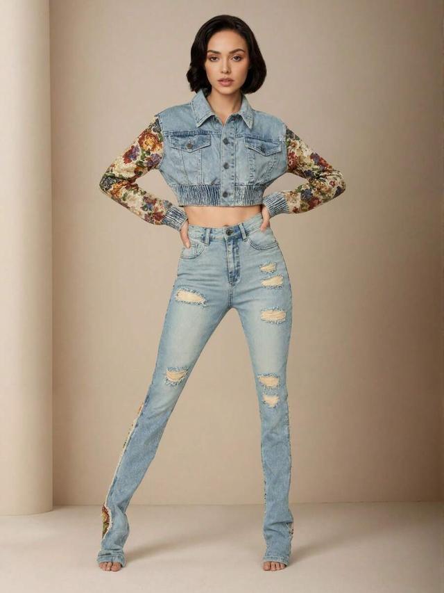 women's embroidered denim two-piece set