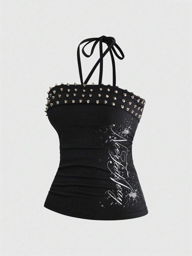 black studded halter neck cropped camisole with slogan print