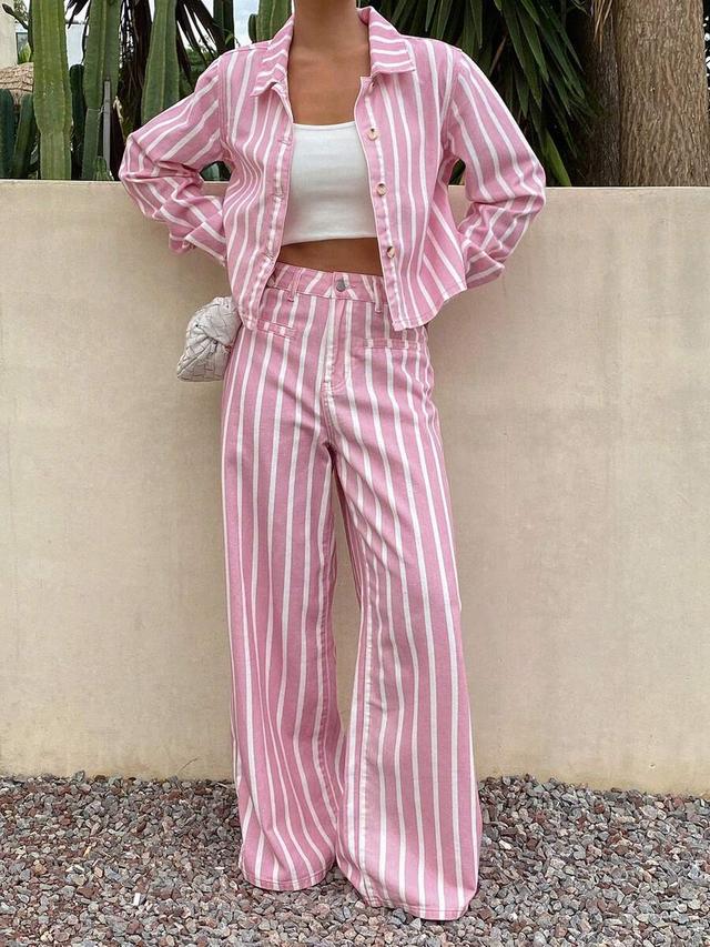 pink and white vertical striped denim coord set