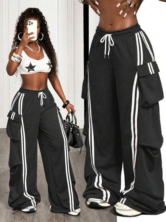 black side striped cargo wide leg sweatpants