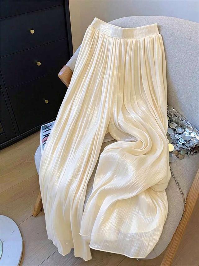 solid color pleated elastic waist casual wide leg pants