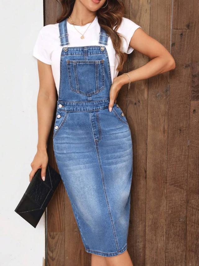 casual denim pinafore midi dress with pockets