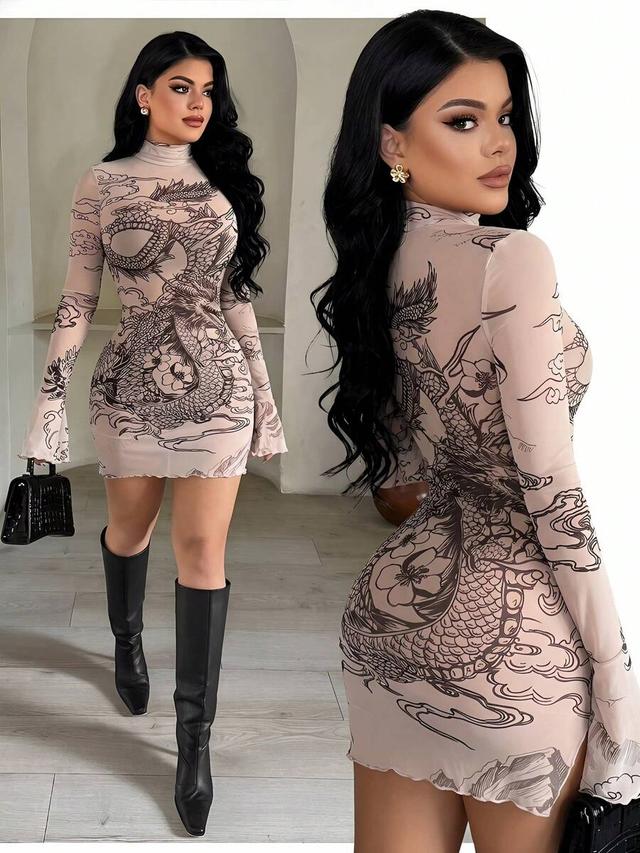 pink dragon print sheer mesh long sleeve mini dress