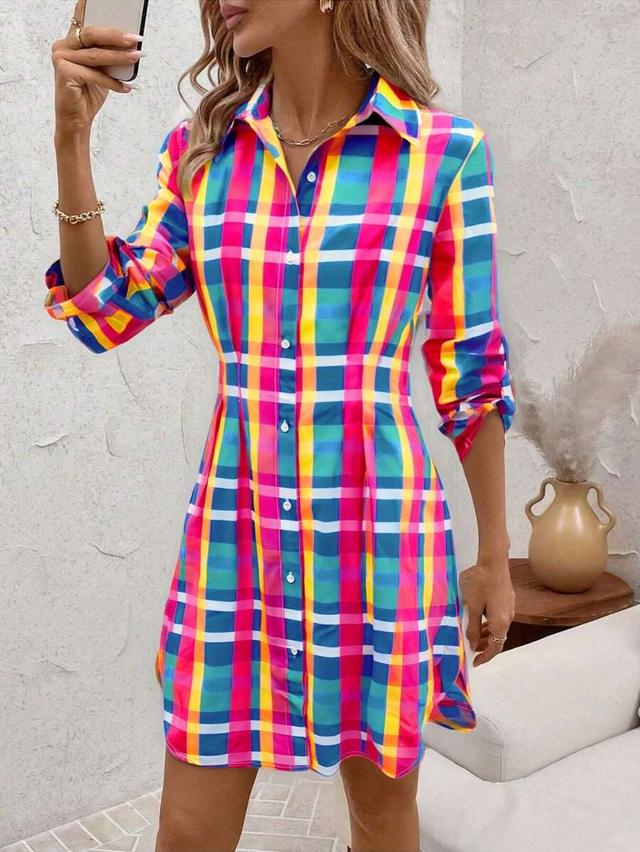 vibrant plaid cotton shirt dress with waist pleats