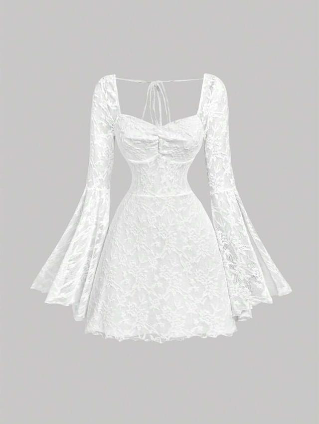 white lace jacquard flare sleeve short dress