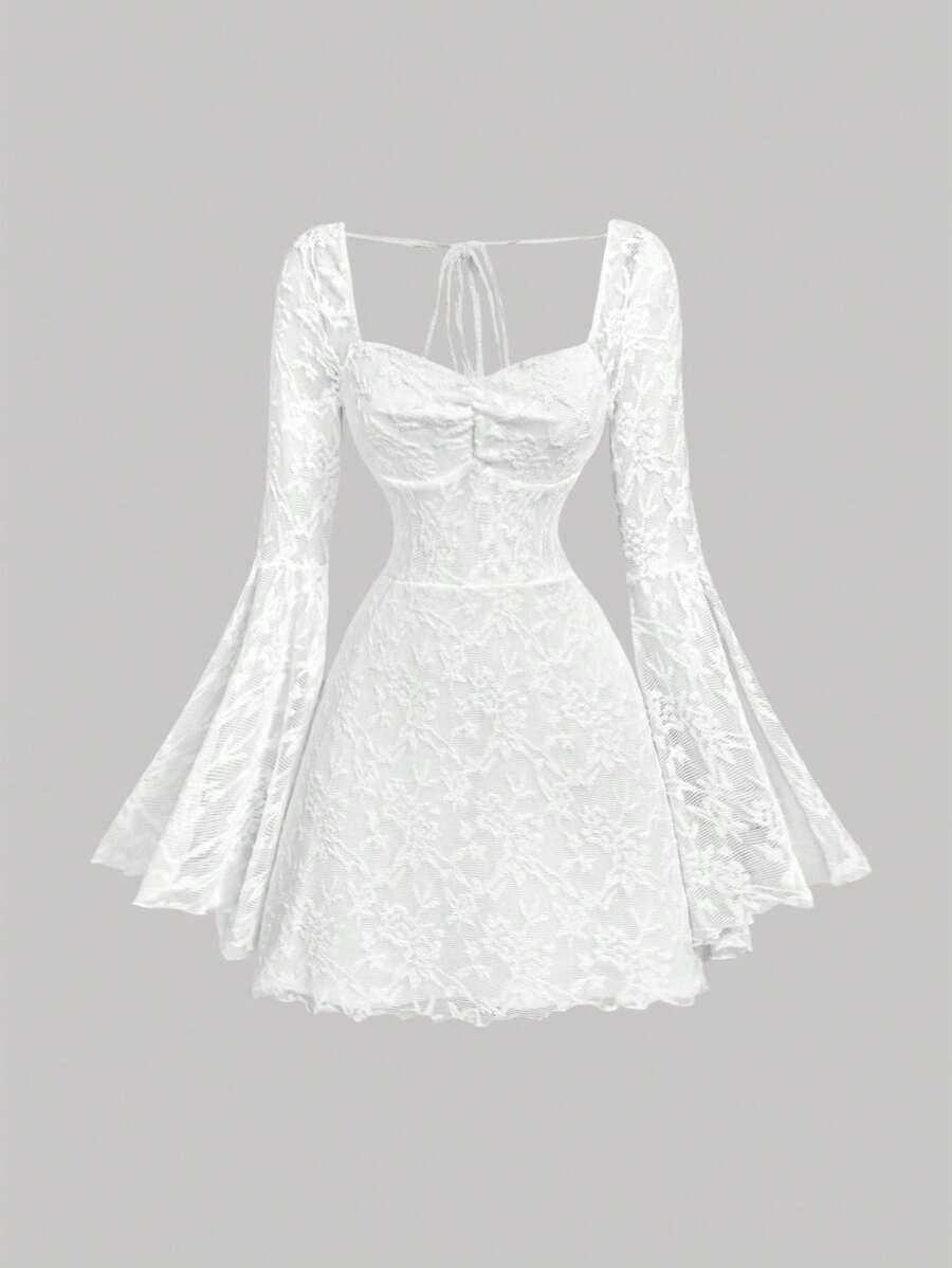 white lace jacquard flare sleeve short dress