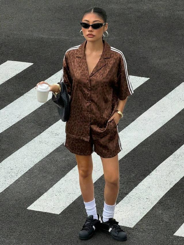 brown leopard jacquard shirt and shorts set