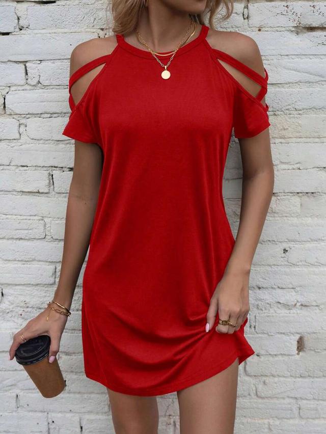 red solid color open shoulder casual dress