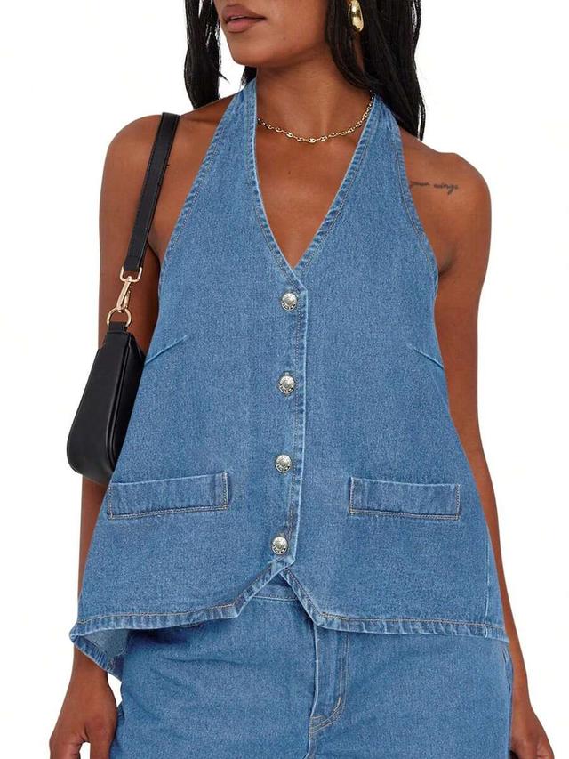 womens halter denim vest top with open back