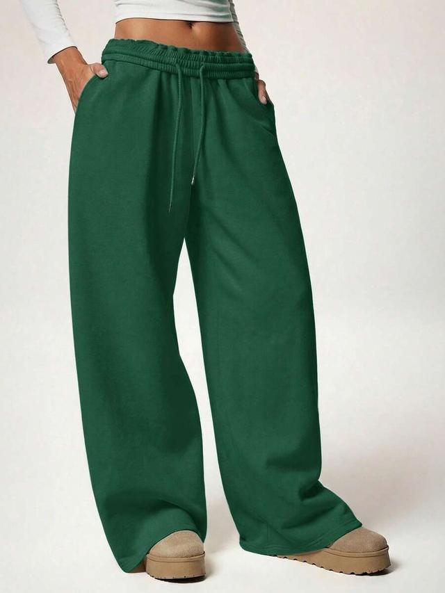 dark green elastic waist wide-leg casual sweatpants