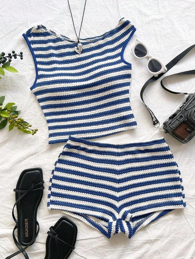 blue and white striped knit crop top and shorts set