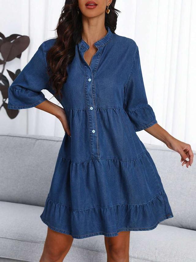 women's relaxed fit tiered denim v-neck dress