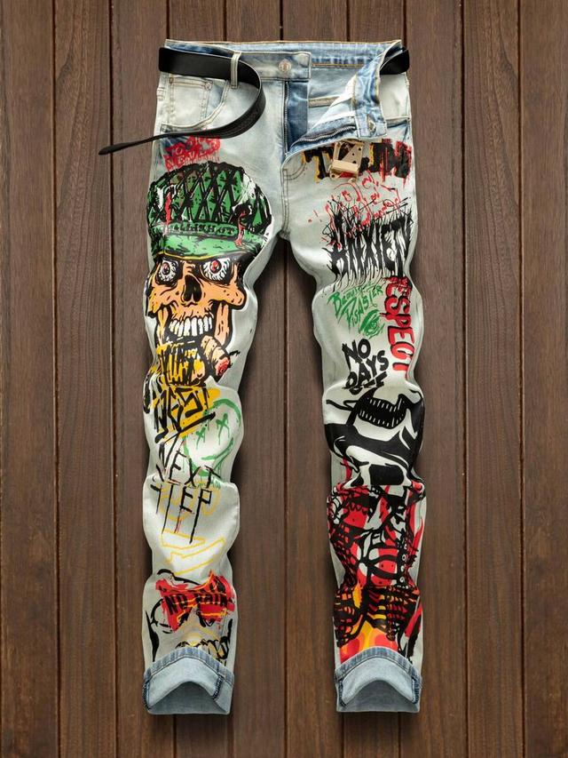 men's printed fashionable and versatile street style retro jeans