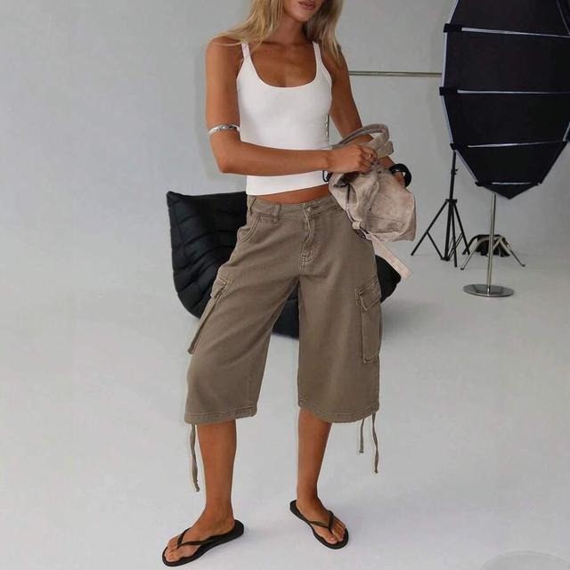 brown cargo work shorts with drawstring hem