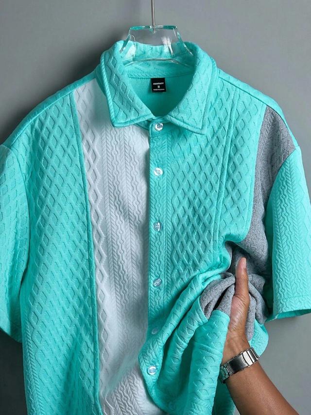teal/white/grey casual loose colorblock short sleeve button-up shirt