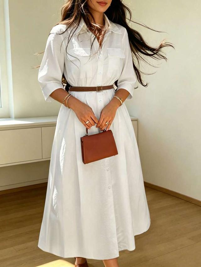 women's elegant casual solid white lapel shirt dress