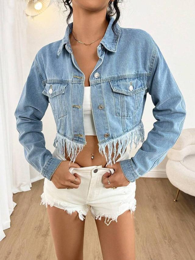 light wash cropped denim jacket with fringe hem