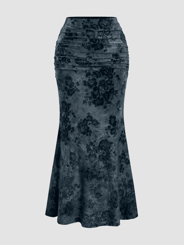 vintage flocked floral print fishtail skirt