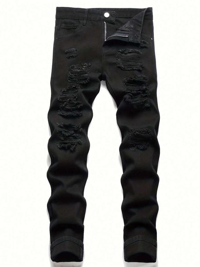 men's fashionable streetwear straight leg distressed black denim jeans