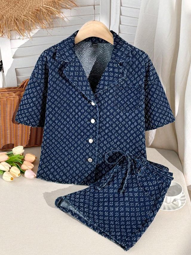 navy blue white textured denim shirt and shorts set