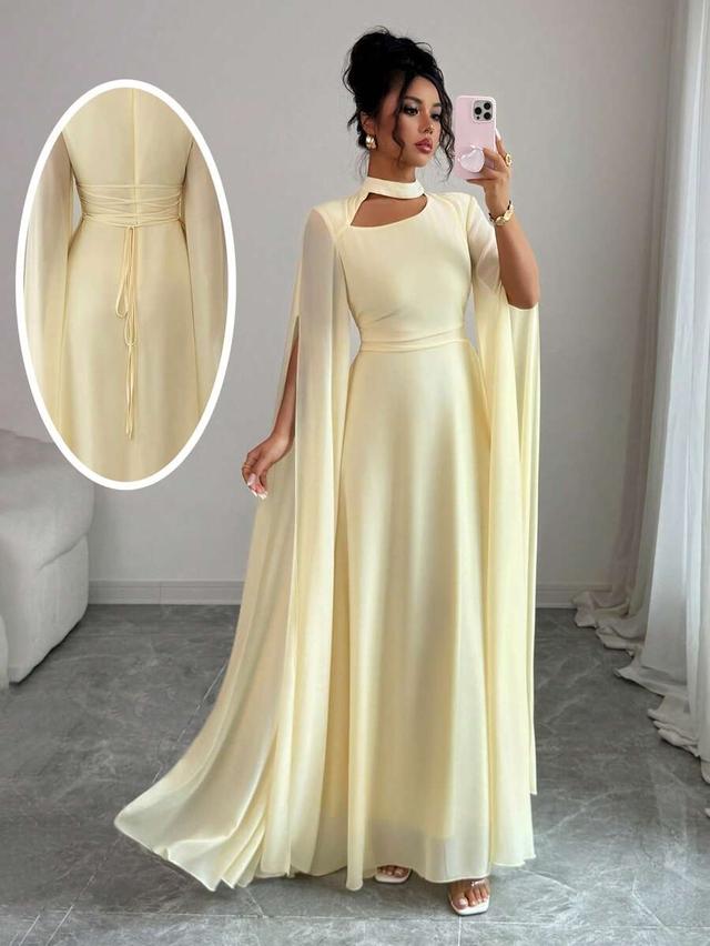 pale yellow chiffon tulle a-line long dress