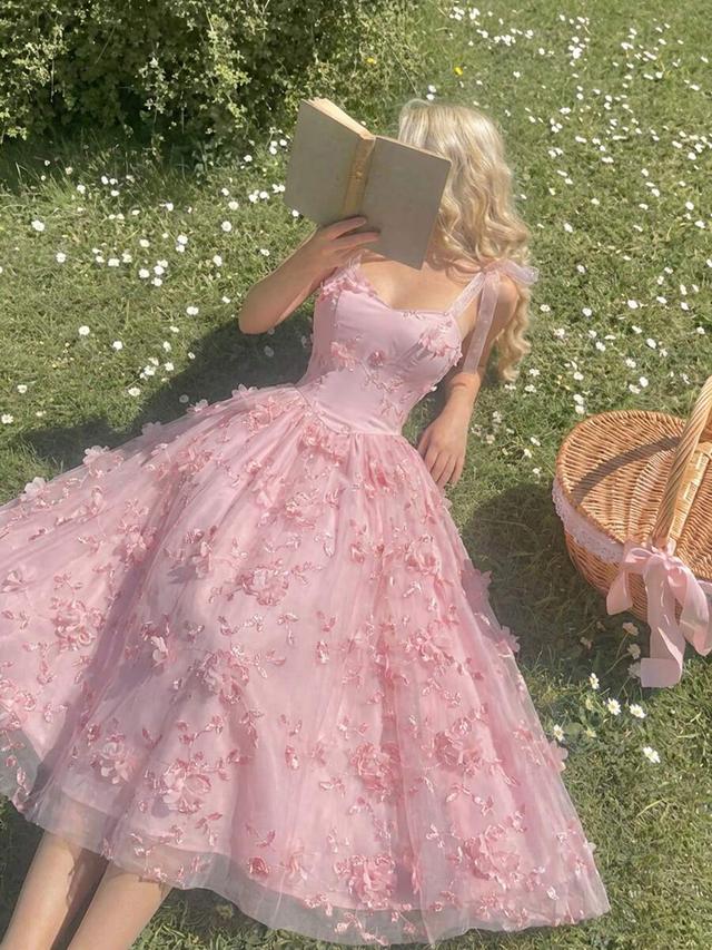 pink floral embroidered tie shoulder midi dress