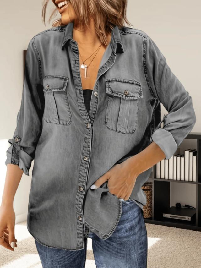 womens grey distressed denim button down shirt