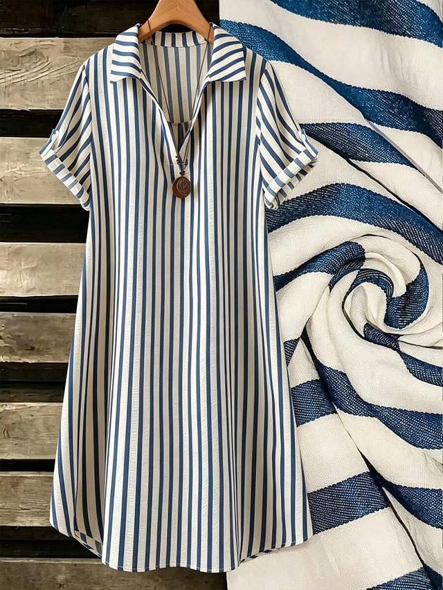 blue and white striped cotton shift dress