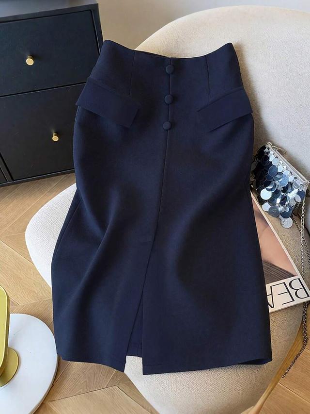 navy blue waist-cinched straight midi skirt with front slit
