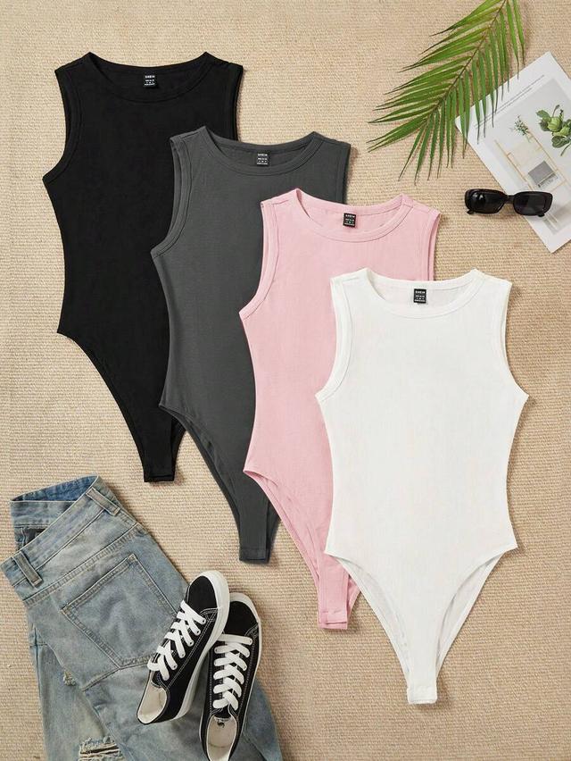 pink crew neck sleeveless ribbed bodysuit tank top
