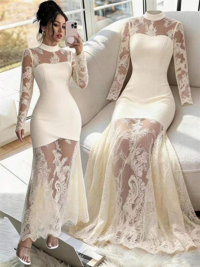 elegant lace hollow-out long sleeve mermaid evening gown