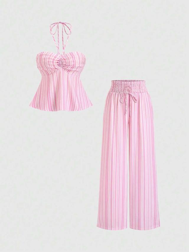 pink striped halter tunic and wide leg trousers set