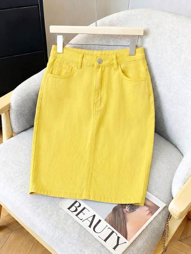 bright yellow denim pencil skirt