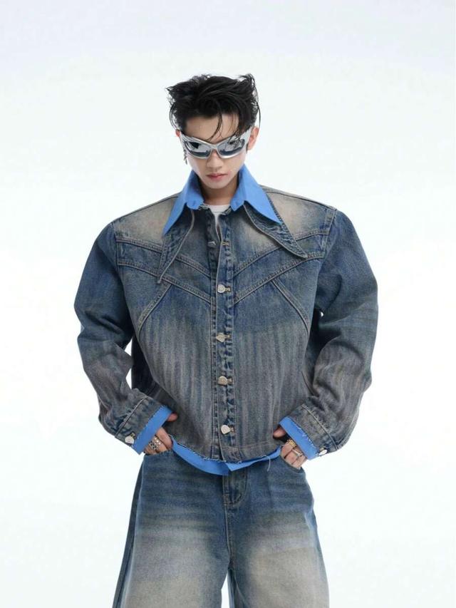 washed denim fake two-piece deconstructed retro jacket