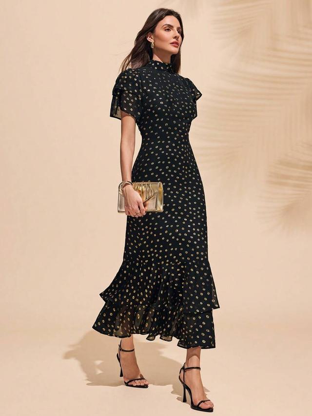 elegant gold foil polka dot ruffle midi dress