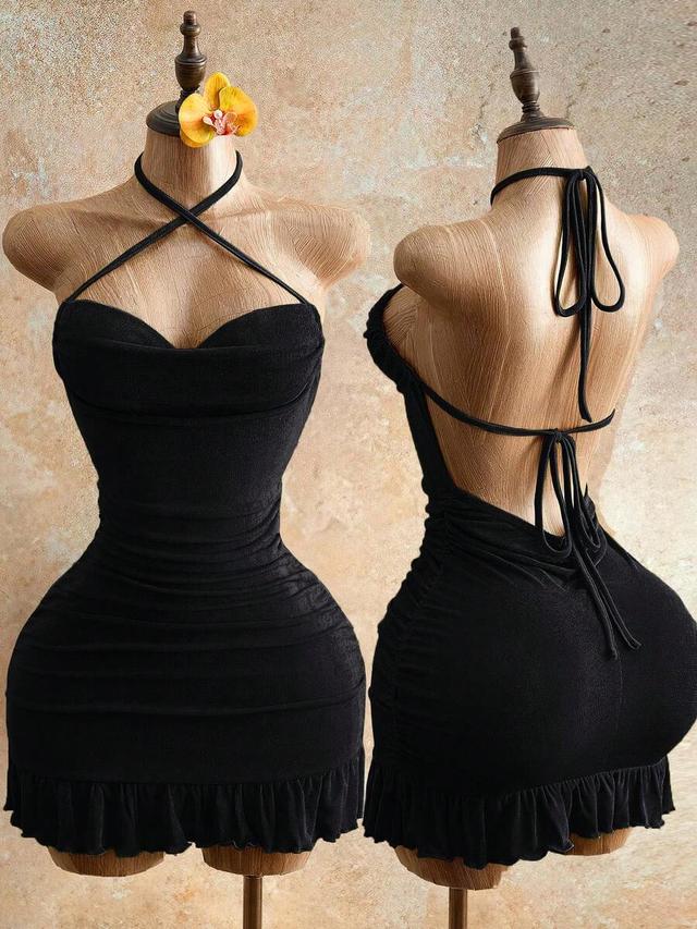 black ruched halter neck mini dress