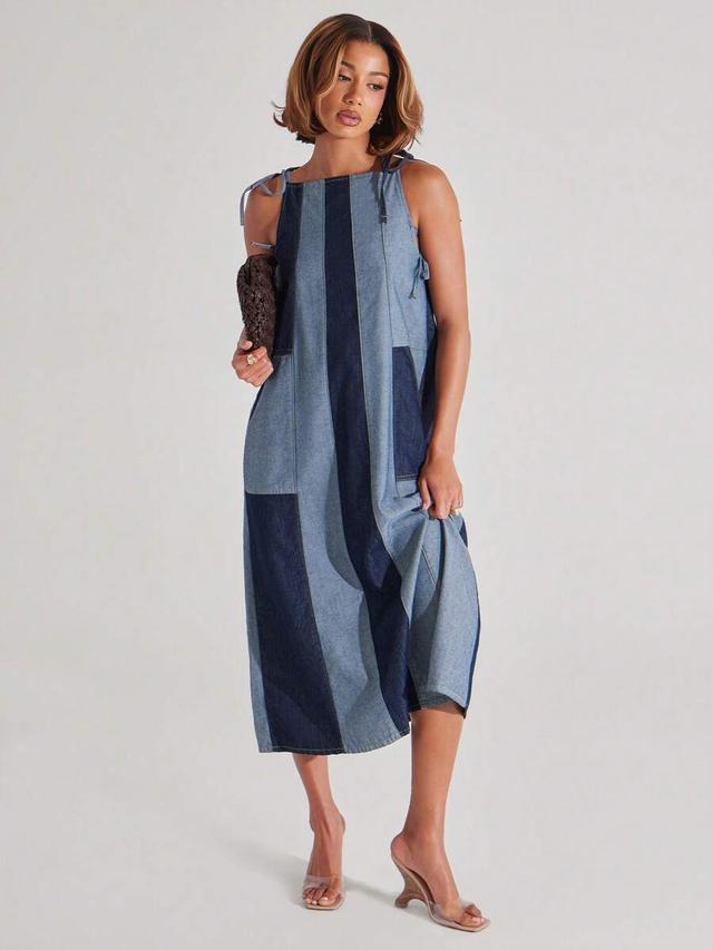 color block denim tie strap midi dress