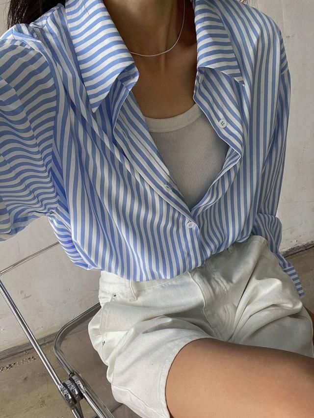 blue and white striped relaxed fit cotton shirt