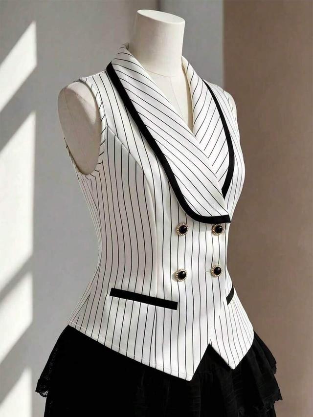 elegant french vintage striped sleeveless double-breasted shirt