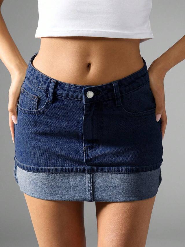dark blue denim mini skirt with folded hem