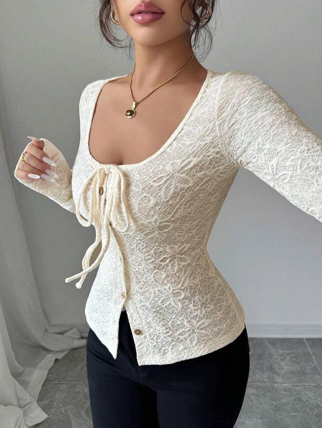 cream floral lace long sleeve button up top